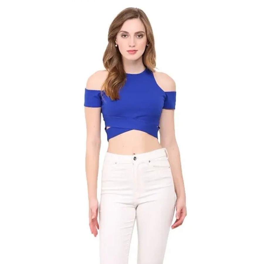 Women Cold Shoulder Blue Crop Top