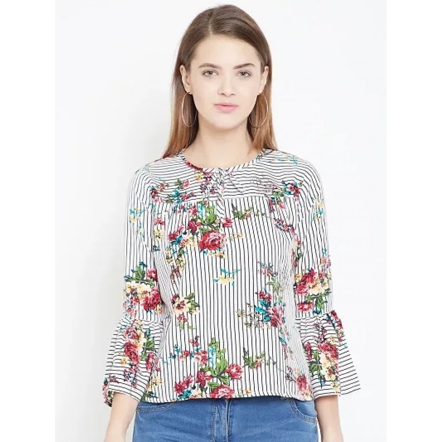 Women Floral  Stripe Printed Crepe Top