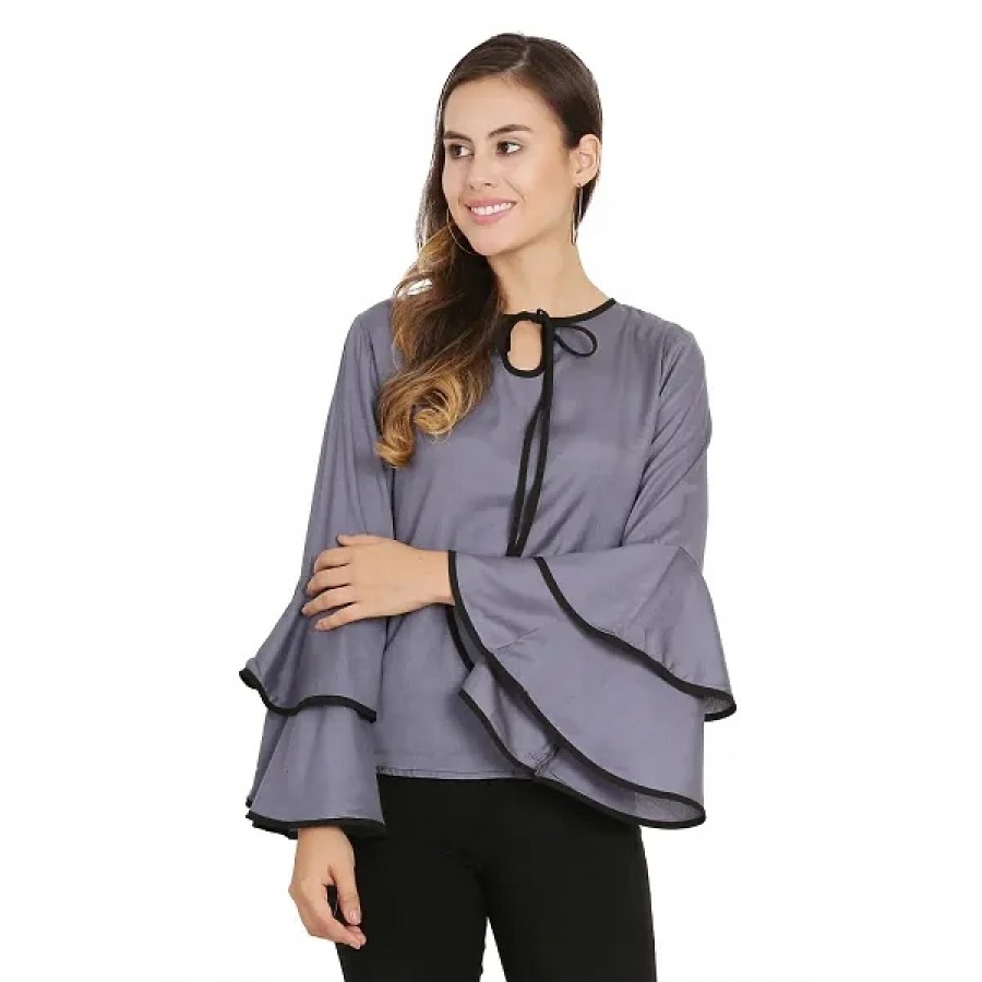 Women Grey Piping High Flair Bell Sleeves Top