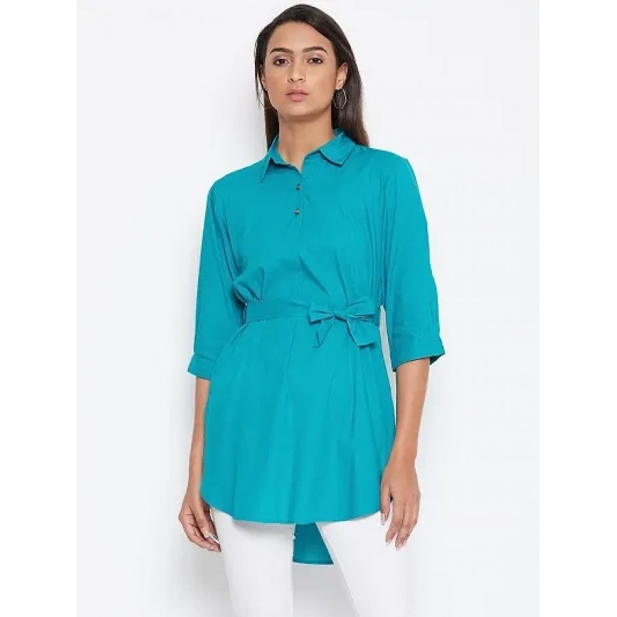 Women Turquoise Blue Colour Solid Rayon Shirt Style Tunic