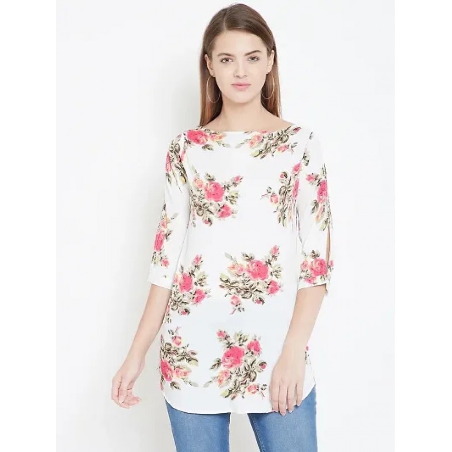 Women White Floral Printed Crepe Tunic