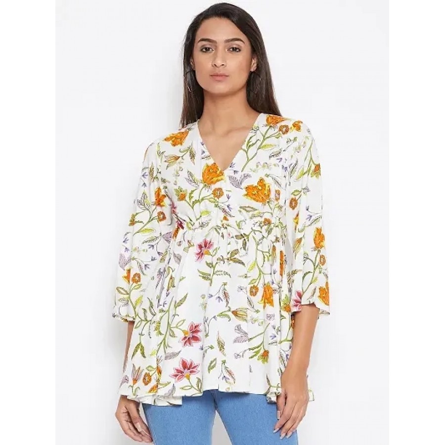 Women White Floral Printed Rayon Tunic