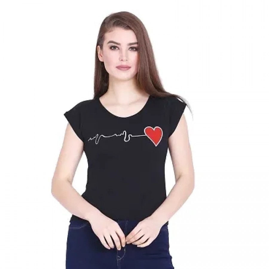 Women's Black Printed Cotton Round Neck T-Shirt