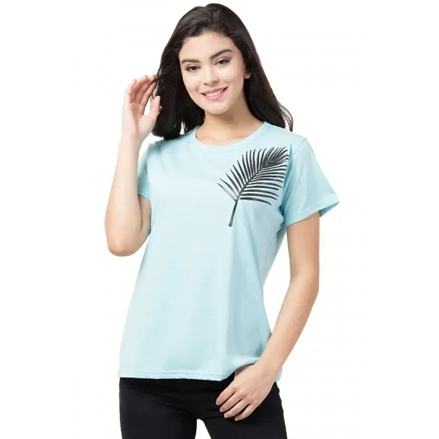 Women's Blue Printed Cotton Round Neck T-Shirt