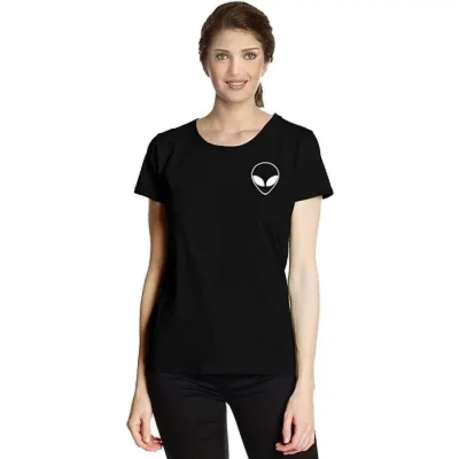 Women's Cotton Round Neck Half Sleeve T-shirt - ALIEN (BLACK)