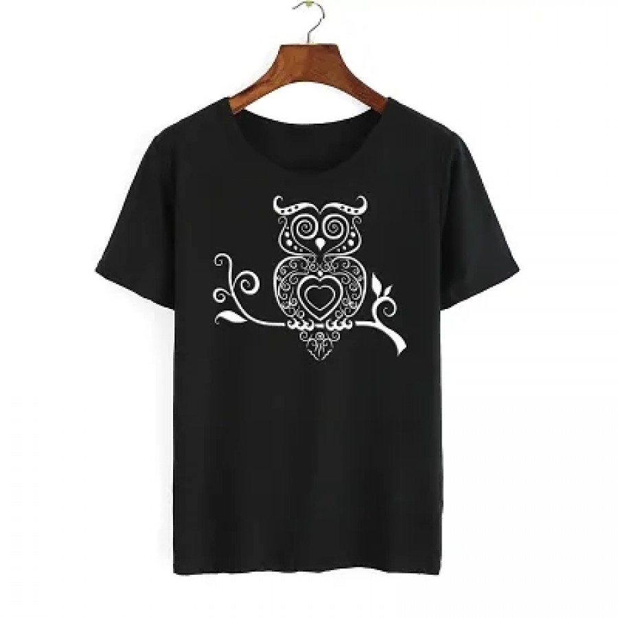 Women's Cotton Round Neck Half Sleeve T-shirt - OWL (Black)