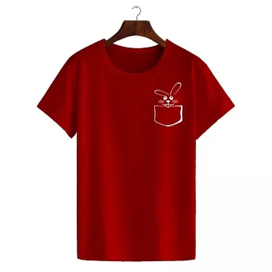 Women's Cotton Round Neck Half Sleeve T-shirt - RABBIT (RED)