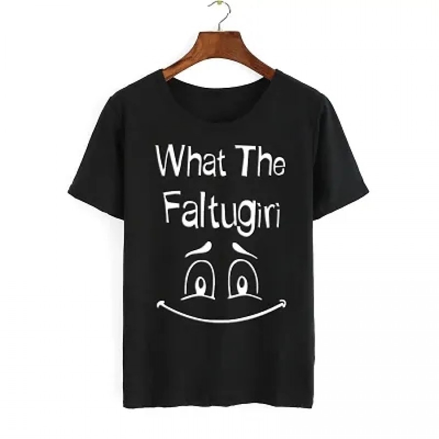 Women's Cotton Round Neck Half Sleeve T-shirt - What The Faltugiri (Black)