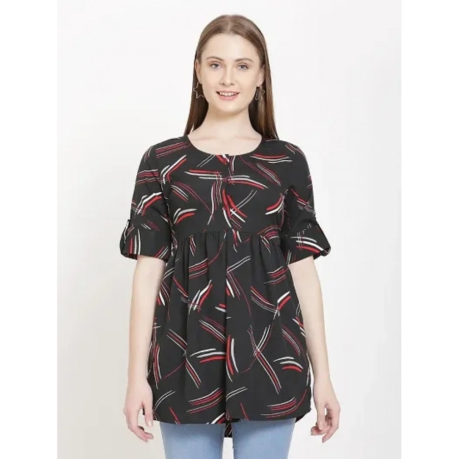 Women's Crepe Black Printed Tops