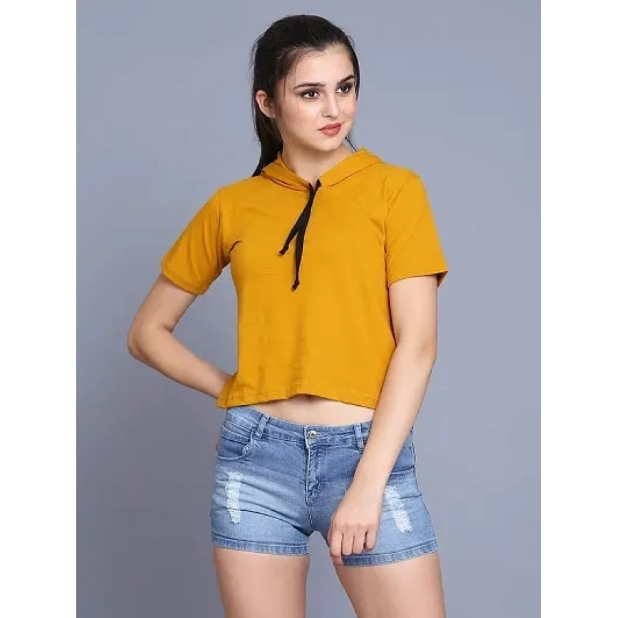 Women's Dyed Yellow Cotton Blend Crop Top