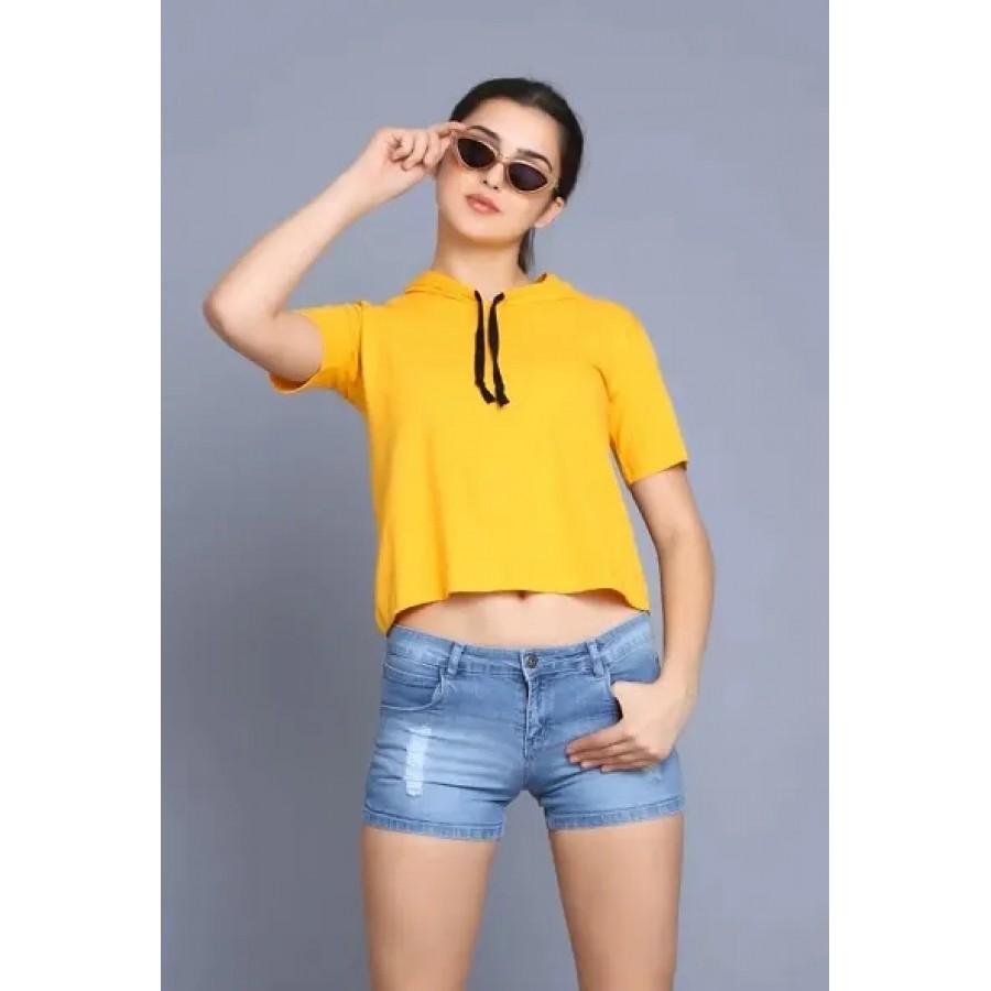 Women's Dyed Yellow Cotton Blend Crop Top