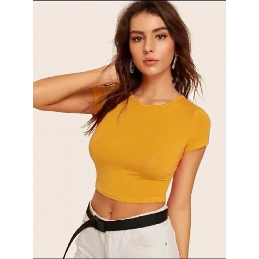 Women's Dyed Yellow Cotton Blend Crop Top