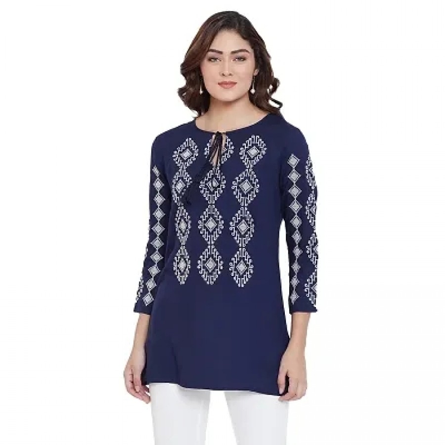 Women's Embroidered Navy Blue Viscose Rayon Above Knee Length Tunic Tops