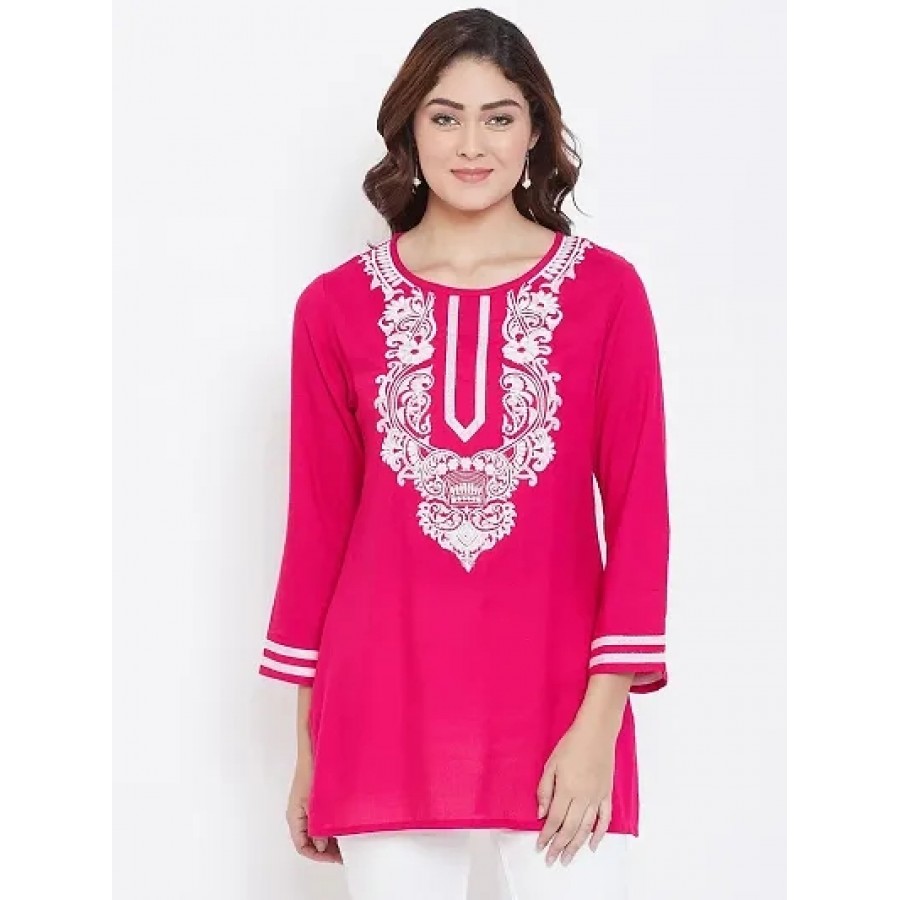 Women's Embroidered Pink Viscose Rayon Above Knee Length Top