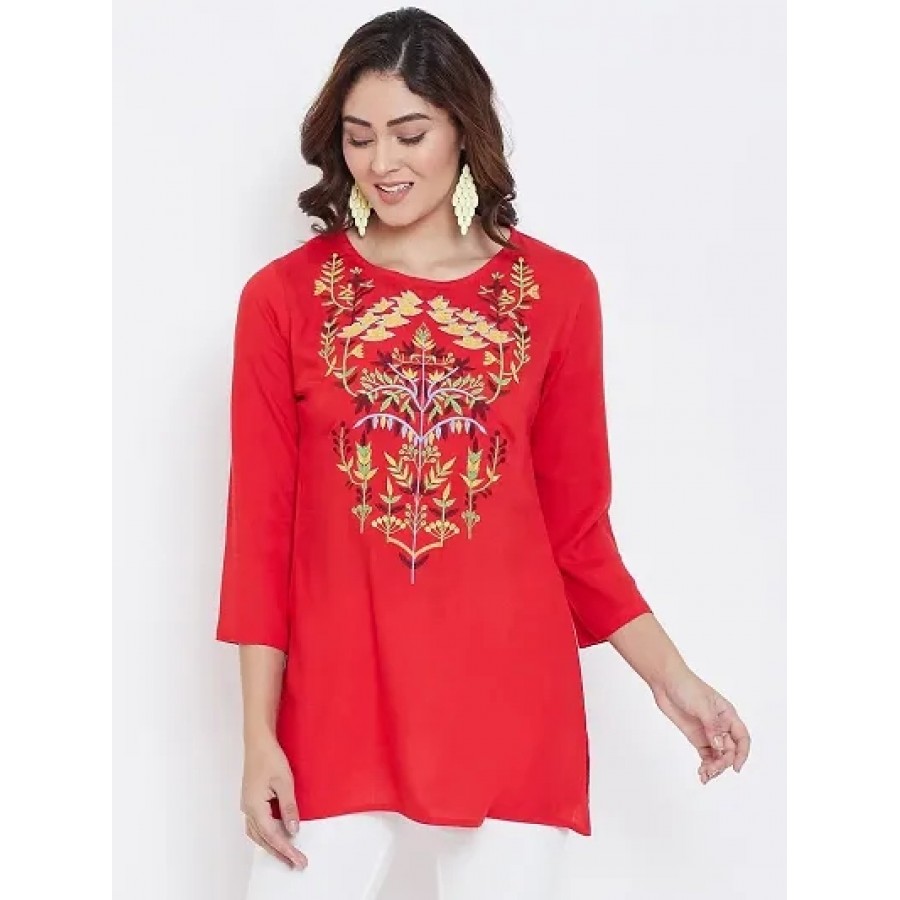 Women's Embroidered Red Viscose Rayon Above Knee Length Top