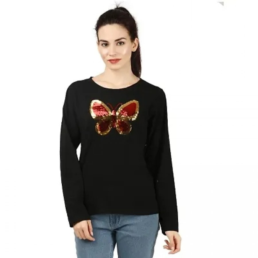 Women's Fashion Reversible Sequence BUTTERFLY Printed T-Shirt