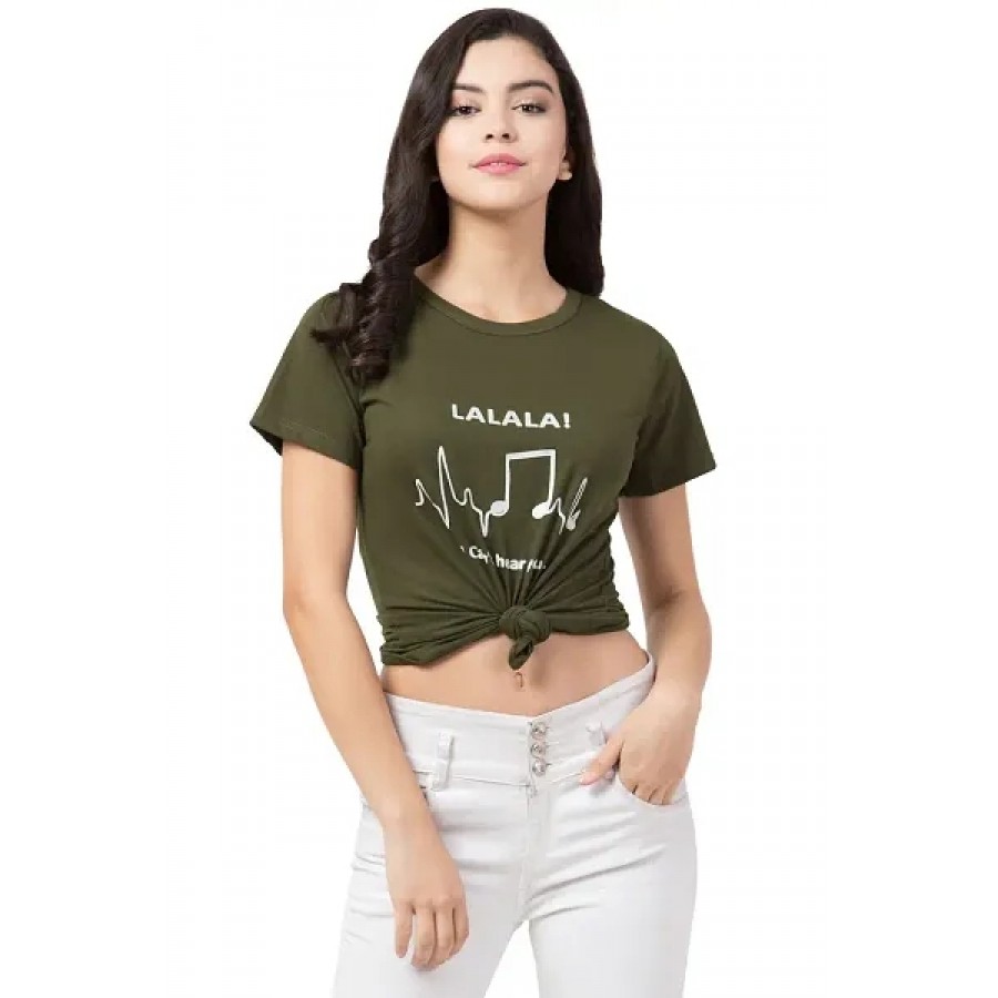 Women's Green Printed Cotton Round Neck T-Shirt