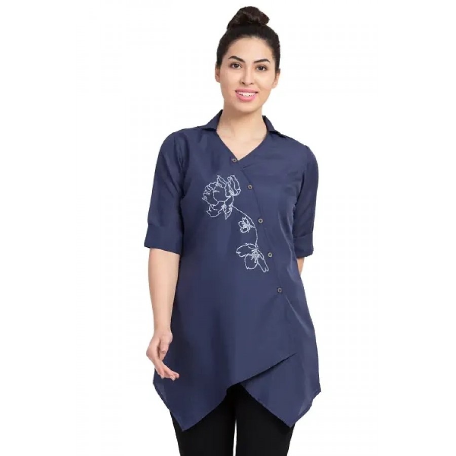 Women's Navy Blue Polycotton Solid Top