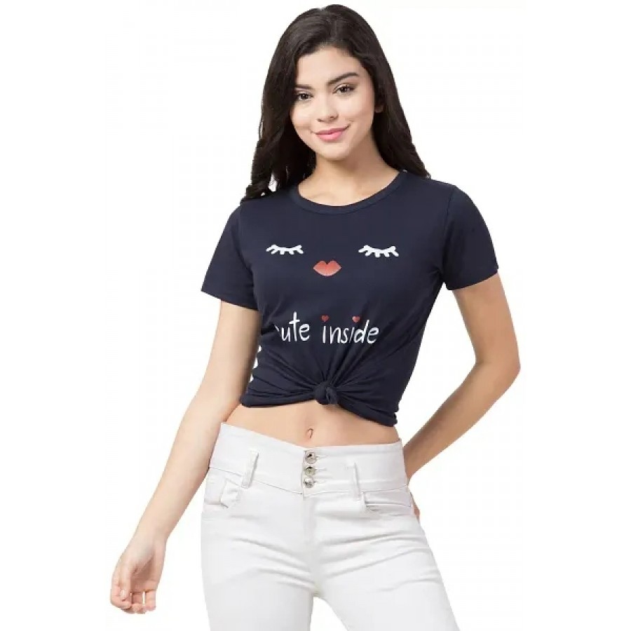 Women's Navy Blue Printed Cotton Round Neck T-Shirt