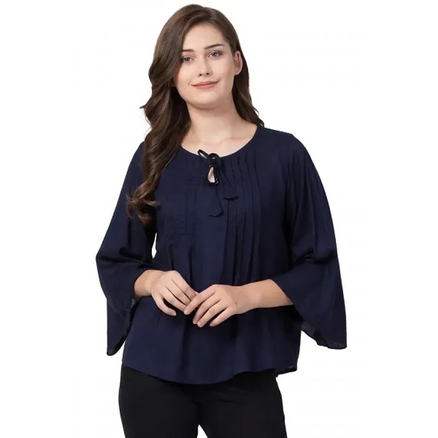 Women's Navy Blue Solid Rayon Top