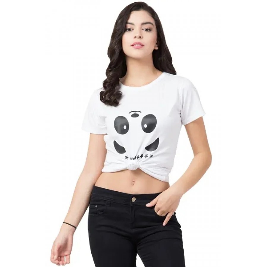 Women's White Printed Cotton Round Neck T-Shirt