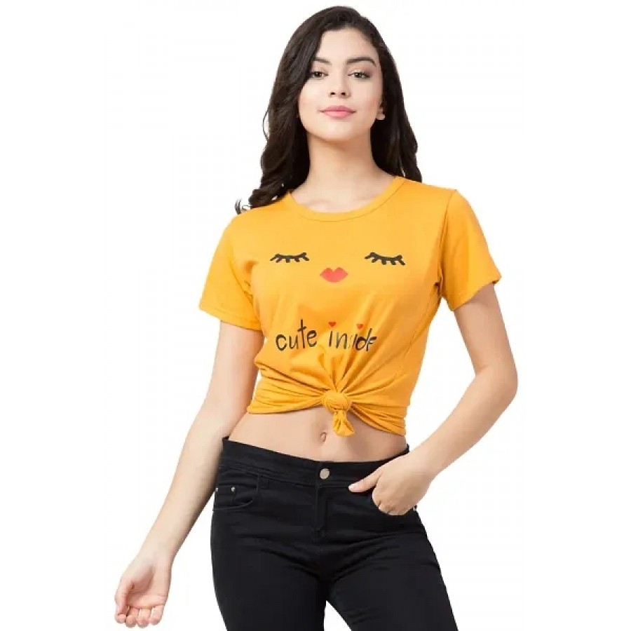 Women's Yellow Printed Cotton Round Neck T-Shirt