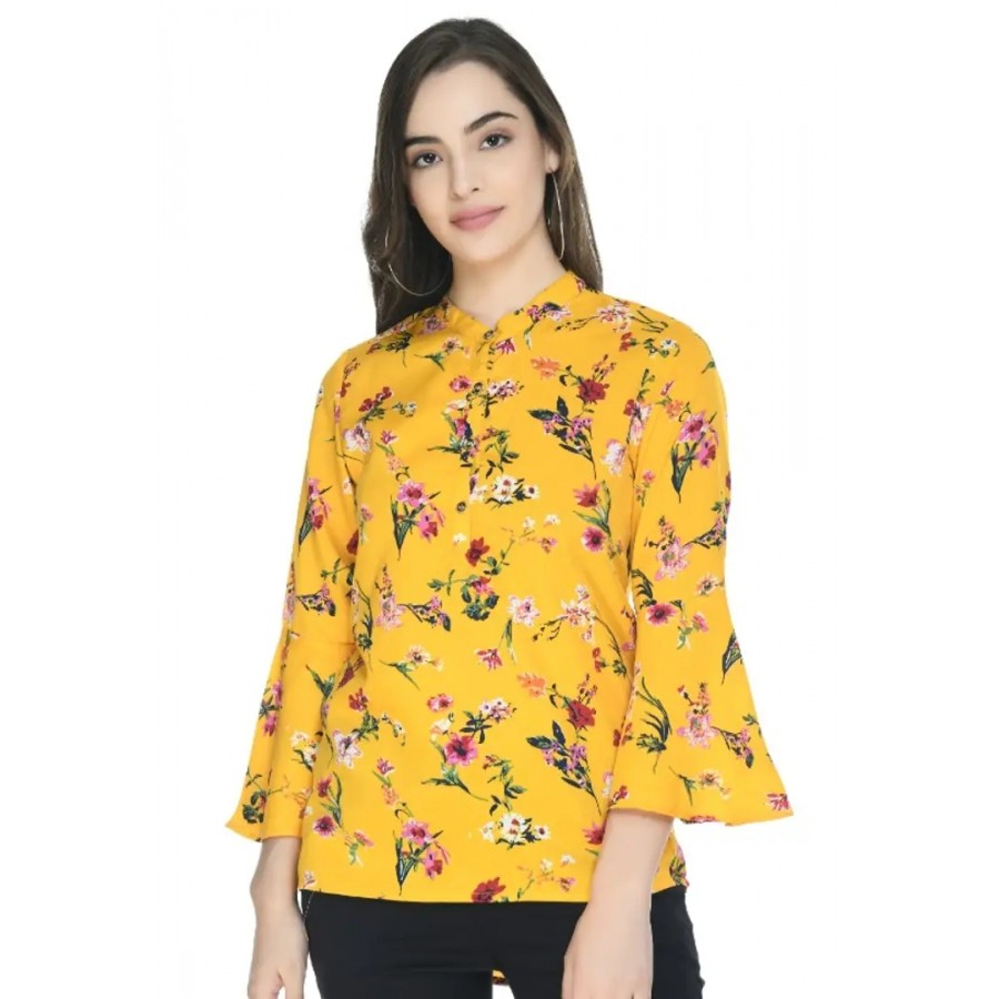 Women's Crepe Yellow Printed Regular Top