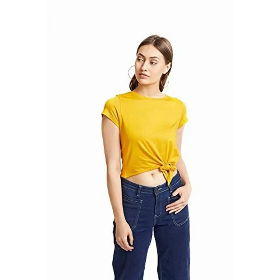 Women's Dyed Yellow Cotton Blend Crop Top