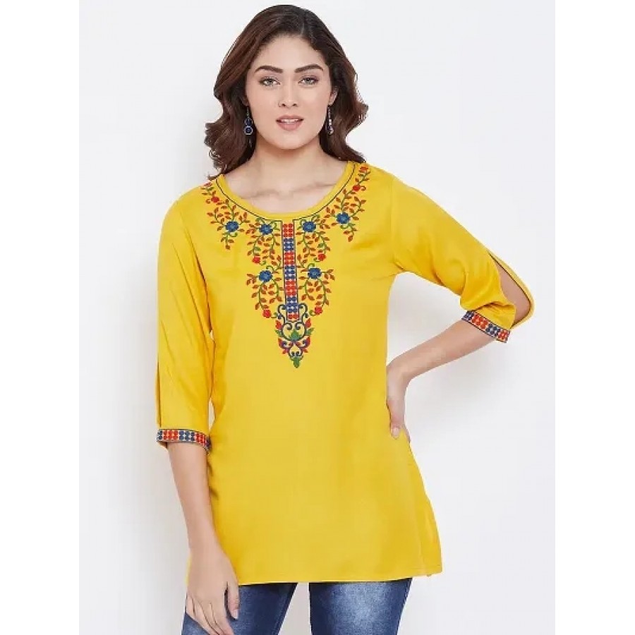 Yellow Embroidered Viscose Rayon Top For Women's