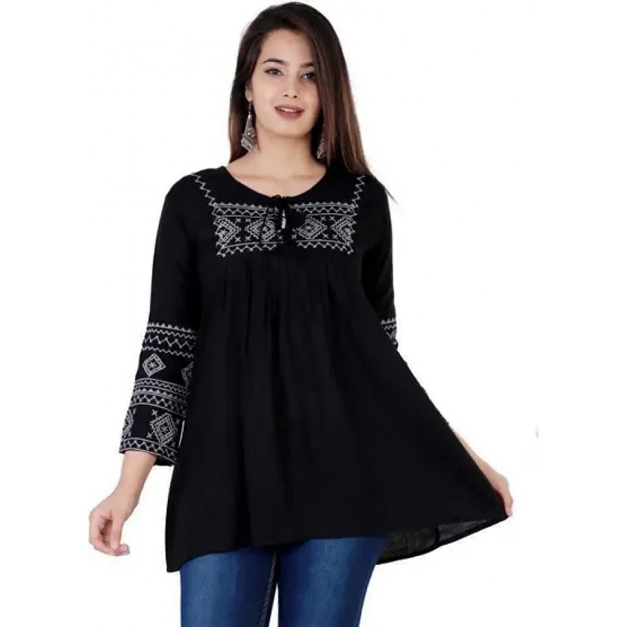 women  rayon printed top  black