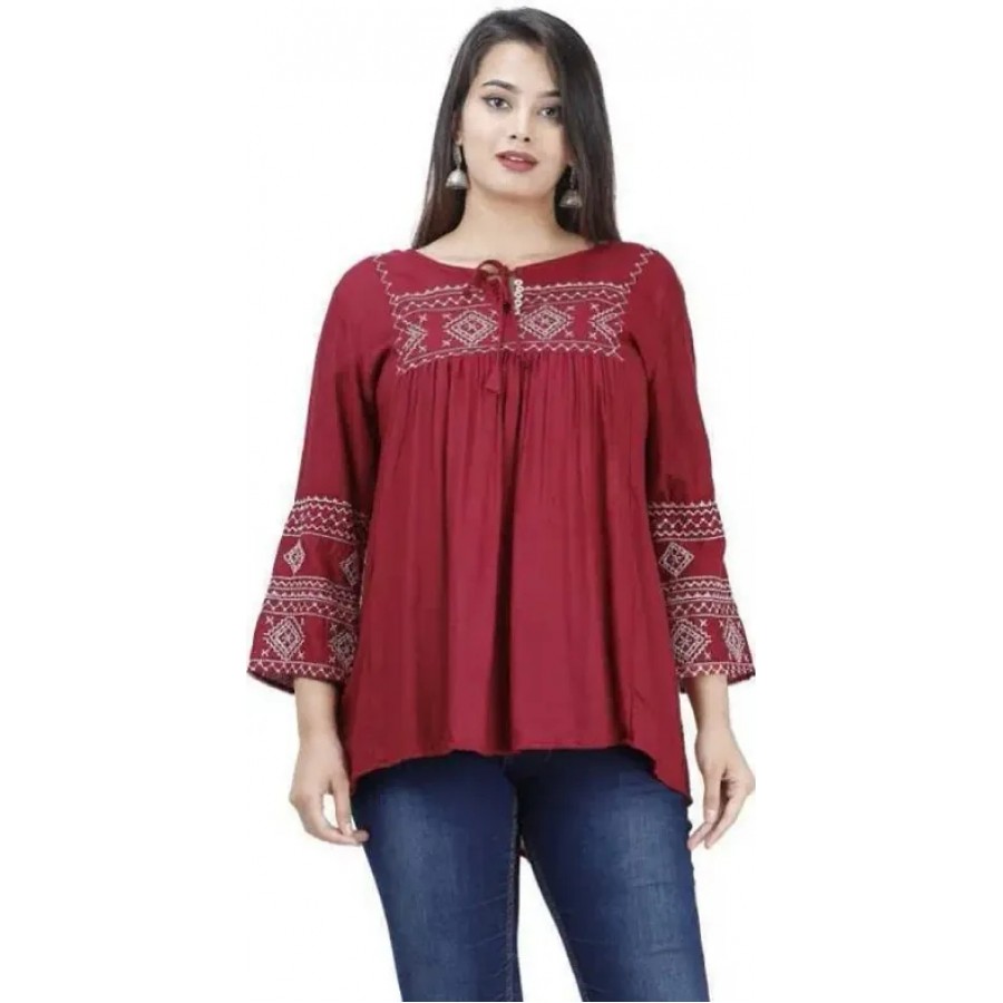 women  rayon printed top mahroon