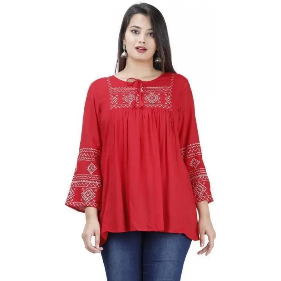 women  rayon printed top  red